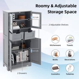 Gymax Tall Bathroom Cabinet Double Door Storage Organizer With 2 Drawers in Grey - thumbnail 2