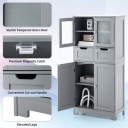 Gymax Tall Bathroom Cabinet Double Door Storage Organizer With 2 Drawers in Grey - thumbnail 6