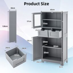 Gymax Tall Bathroom Cabinet Double Door Storage Organizer With 2 Drawers in Grey - thumbnail 3