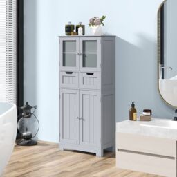 Gymax Tall Bathroom Cabinet Double Door Storage Organizer With 2 Drawers in Grey - thumbnail 4