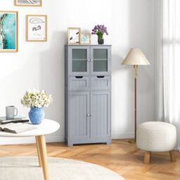 Gymax Tall Bathroom Cabinet Double Door Storage Organizer With 2 Drawers in Grey - thumbnail 5
