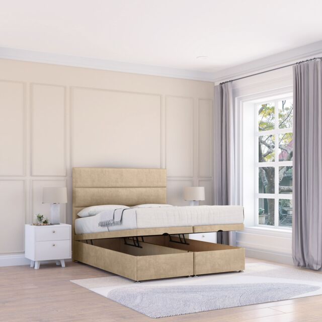 Sloomy Texas Coniston Fabric Ottoman Bed End Opening With Sprung Memory Mattress & 26 Inch strut Headboard in Cream - Size: King - image 1