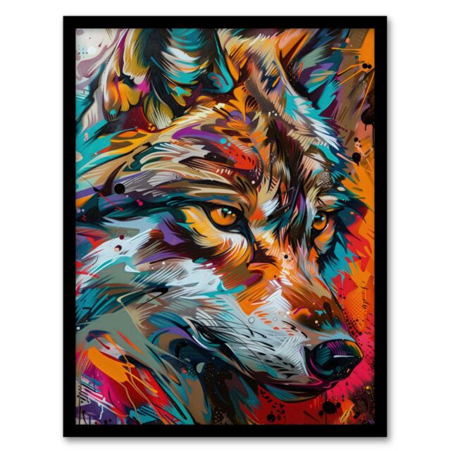 "Artery8 Wall Art Print Colourful Abstract Wolf Head Portrait Painting Art Framed Poster in Black - Size: W12"" x H16""" - image 1