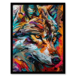 "Artery8 Wall Art Print Colourful Abstract Wolf Head Portrait Painting Art Framed Poster in Black - Size: W12"" x H16""" - thumbnail 1