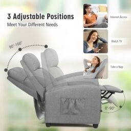 Gymax Single Reclining Sofa Recliner Chair Linen Fabric Padded With Armrest in Grey - thumbnail 5