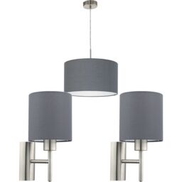 Loops Ceiling Pendant Light & 2x Matching Wall Lights Satin Nickel Grey Fabric Shade in Metallics