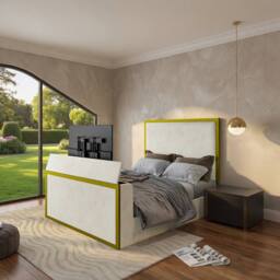 KDMD Adsborough Upholstered Electric Media Gold & Cream White TV Bed Frame - Size: Super King