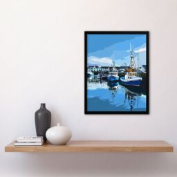 Artery8 Fishing Boats Padstow Harbour Digital Painting Framed Art Print in Blue - Size: A4 - thumbnail 4