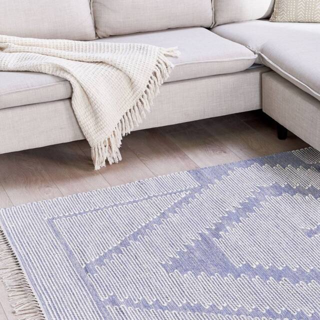 Wyld and Coco Rug Handwoven Cotton Wool Blue and Off-White Geometric Tassels - Size: 160 cm x 230 cm - image 1