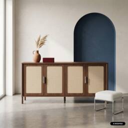sweeek Vintage sideboard with wood decor & cane 4 doors 160cm in Dark Brown