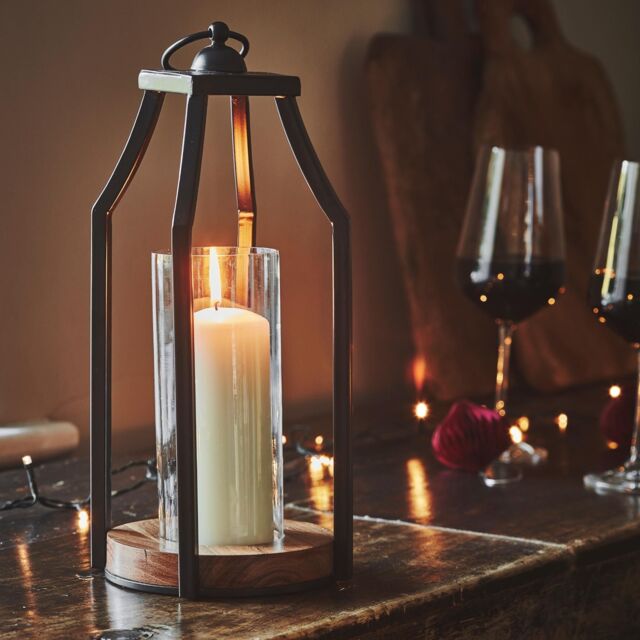 Ivyline Felicity Circular Base Lantern in Acacia Wood/Black H30cm W14cm in Black - image 1