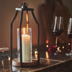 Ivyline Felicity Circular Base Lantern in Acacia Wood/Black H30cm W14cm in Black - thumbnail 1