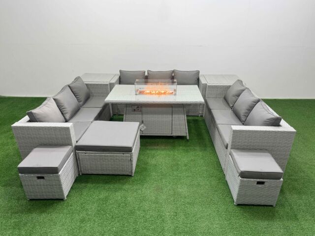 Fimous PE Rattan Sofa Set Outdoor Garden Furniture Set with Firepit Table in Light Grey - image 1