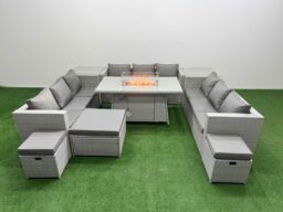 Fimous PE Rattan Sofa Set Outdoor Garden Furniture Set with Firepit Table in Light Grey - thumbnail 2