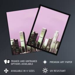 Artery8 Skyline view of Los Angeles California Highsmith Framed Wall Art Print in Pink - Size: A4 - thumbnail 2