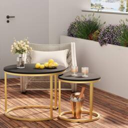 Huhote Round Nesting Coffee Tables Set of 2 End Side Table with Metal Frame in Black - thumbnail 7