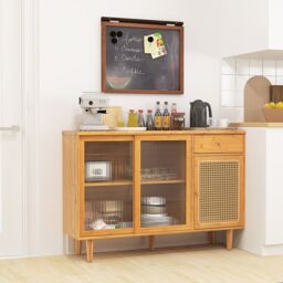 Costway Buffet Sideboard Kitchen Storage Cabinet Cupboard w/ Tempered Glass Sliding Door in Natural
