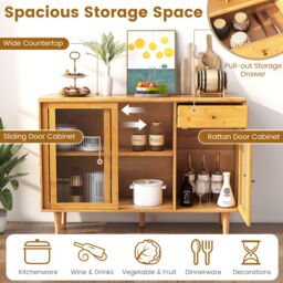 Costway Buffet Sideboard Kitchen Storage Cabinet Cupboard w/ Tempered Glass Sliding Door in Natural - thumbnail 4