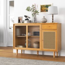 Costway Buffet Sideboard Kitchen Storage Cabinet Cupboard w/ Tempered Glass Sliding Door in Natural - thumbnail 2