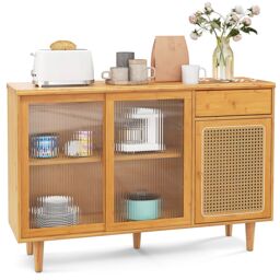 Costway Buffet Sideboard Kitchen Storage Cabinet Cupboard w/ Tempered Glass Sliding Door in Natural - thumbnail 5