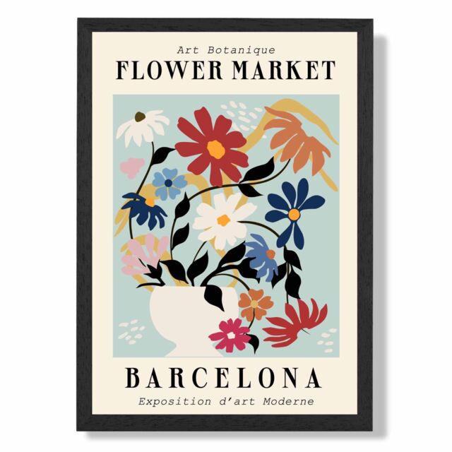ARTZE Barcelona Blue & Pink Flower Market Exhibition Framed Print SIZE: A4 with Black Frame in Mid Blue - image 1