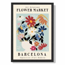 ARTZE Barcelona Blue & Pink Flower Market Exhibition Framed Print SIZE: A4 with Black Frame in Mid Blue - thumbnail 1