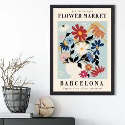 ARTZE Barcelona Blue & Pink Flower Market Exhibition Framed Print SIZE: A4 with Black Frame in Mid Blue - thumbnail 2