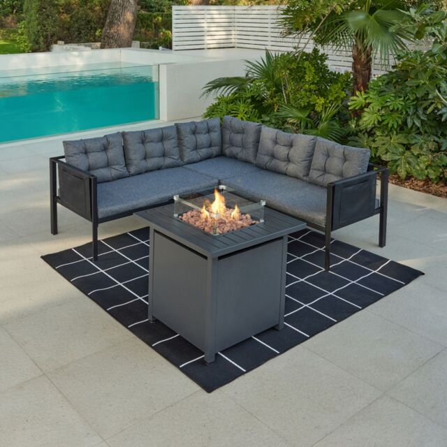 Home Detail Tara Black Corner Garden Sofa Set with Grey Cushions, With Fire Pit Table - image 1
