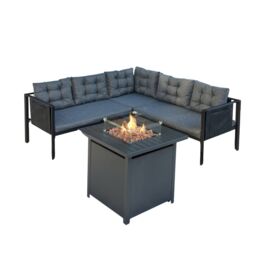 Home Detail Tara Black Corner Garden Sofa Set with Grey Cushions, With Fire Pit Table - thumbnail 2