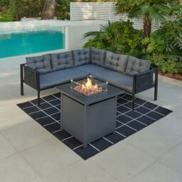 Home Detail Tara Black Corner Garden Sofa Set with Grey Cushions, With Fire Pit Table - thumbnail 1