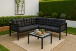Home Detail Tara Black Corner Garden Sofa Set with Grey Cushions, With Fire Pit Table - thumbnail 3