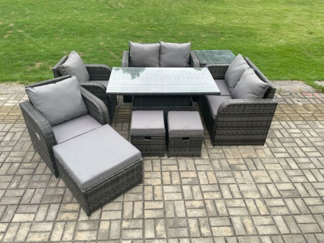 Fimous PE Rattan Garden Furniture Set Height Adjustable Rising lifting Dining Table Chair Love Sofa With Side Table in Dark Grey - image 1