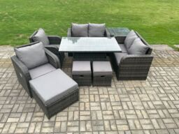 Fimous PE Rattan Garden Furniture Set Height Adjustable Rising lifting Dining Table Chair Love Sofa With Side Table in Dark Grey - thumbnail 1