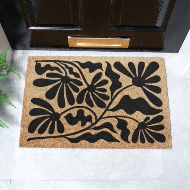 Artsy Mats Black Quirky Floral Pattern Coir Doormat (60 x 40cm) in Brown - Size: 40 cm x 60 cm - image 1