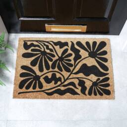 Artsy Mats Black Quirky Floral Pattern Coir Doormat (60 x 40cm) in Brown - Size: 40 cm x 60 cm - thumbnail 1
