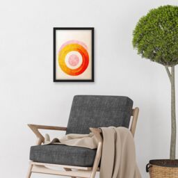 Artery8 Boho Abstract Line Painting Pastel Patterned Autumn Circles Of Pink, Yellow & Orange Artwork Framed Wall Art Print A4 in Black - thumbnail 2
