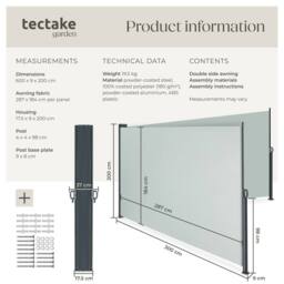 tectake Extendable Double-sided Awning with Roll-up Mechanism in Grey - Size: 2000mm x 6000mm - thumbnail 6