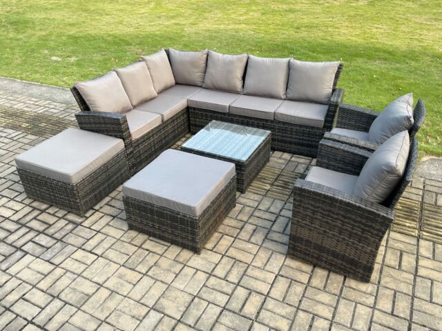 Fimous 10 Seat Rattan Garden Furniture Corner Sofa Set Outdoor Patio Sofa Table Set with 2 Big Footstool Dark Grey Mixed - image 1