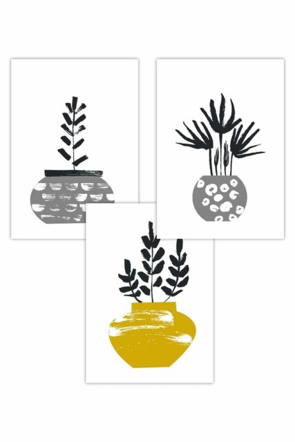 ARTZE Set of 3 Scandi Yellow Grey Cactus Pots Art Posters in Bright Yellow - Size: W50 cm x H70 cm - image 1