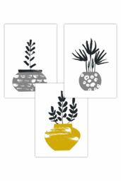 ARTZE Set of 3 Scandi Yellow Grey Cactus Pots Art Posters in Bright Yellow - Size: W50 cm x H70 cm - thumbnail 1