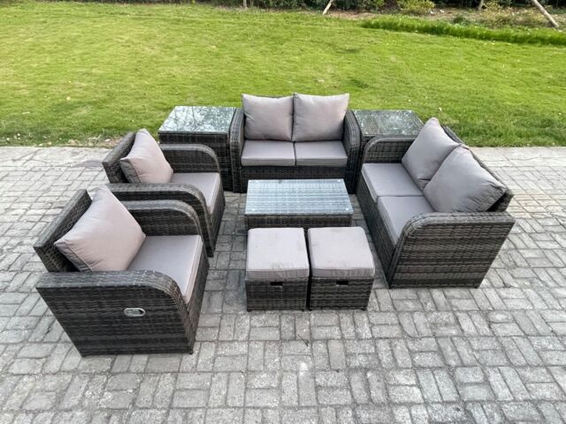 Fimous 8 Seater Rattan Garden Furniture Set Patio Outdoor Lounge Sofa Set with Rectangular Coffee Table 2 Small Footstools Love Sofa 2 Side Tables - image 1