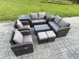 Fimous 8 Seater Rattan Garden Furniture Set Patio Outdoor Lounge Sofa Set with Rectangular Coffee Table 2 Small Footstools Love Sofa 2 Side Tables - thumbnail 2