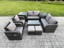 Fimous 8 Seater Rattan Garden Furniture Set Patio Outdoor Lounge Sofa Set with Rectangular Coffee Table 2 Small Footstools Love Sofa 2 Side Tables - thumbnail 1