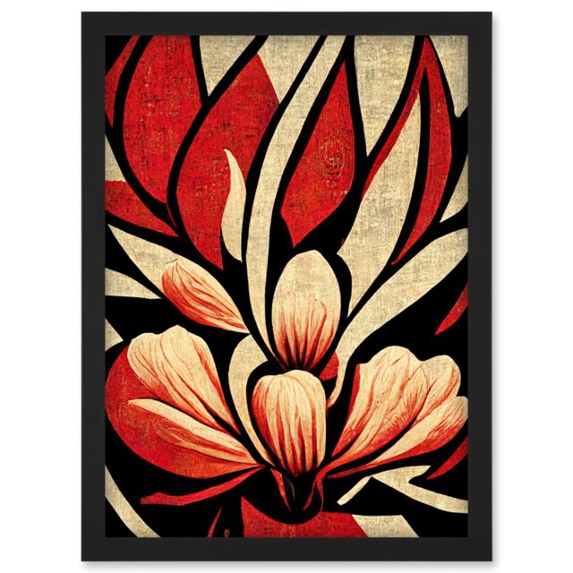 Artery8 Abstract Flowers Design Cream Red Black Vivid Bold Artwork Framed Wall Art Print A4 - image 1