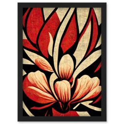 Artery8 Abstract Flowers Design Cream Red Black Vivid Bold Artwork Framed Wall Art Print A4 - thumbnail 1