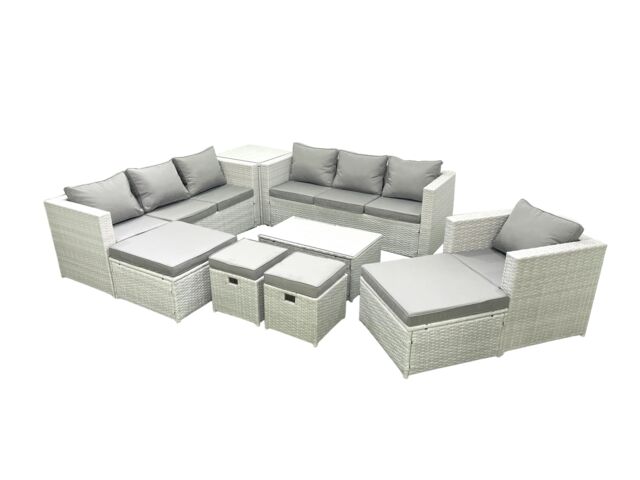 Fimous Rattan Garden Furniture Set 9 Pieces Outdoor Garden Sofa Chair Coffee Table Set with Side Table 4 Footstools Light Grey Mixed - image 1