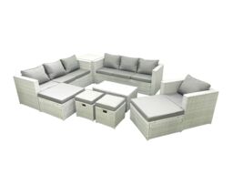 Fimous Rattan Garden Furniture Set 9 Pieces Outdoor Garden Sofa Chair Coffee Table Set with Side Table 4 Footstools Light Grey Mixed - thumbnail 2