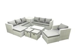 Fimous Rattan Garden Furniture Set 9 Pieces Outdoor Garden Sofa Chair Coffee Table Set with Side Table 4 Footstools Light Grey Mixed - thumbnail 1