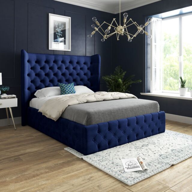KDMD Florence Wide Winged Upholstered Soft Velvet Blue Bed Frame - Size: Single - image 1