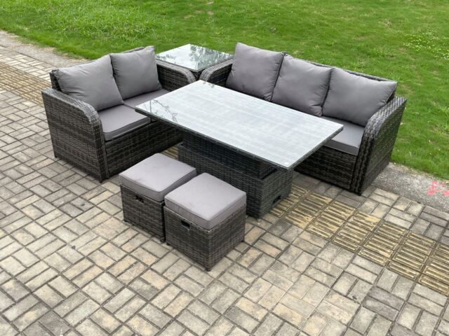 Fimous Outdoor Rattan Garden Furniture Sets Height Adjustable Rising lifting Dining Table Lounge Sofa Set With Side Table in Dark Grey - image 1